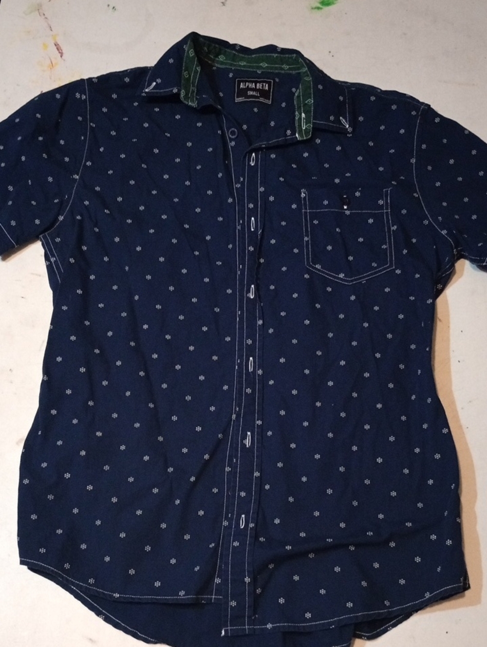 Alpha Beta Size Small Navy Short-Sleeve Button-Up Shirt